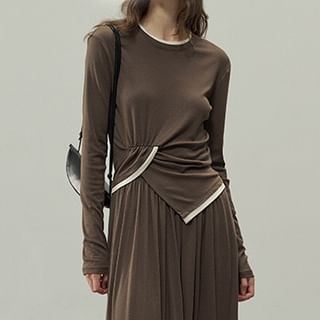 Asymmetrical Ruched Knit Top with Crew Neck and Contrast Trim Long Sleeves