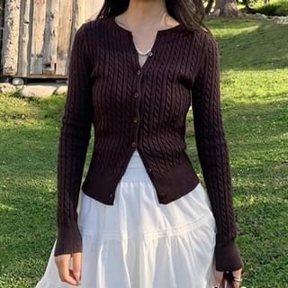 Round Neck Plain Cable Knit Button Up Cardigan
