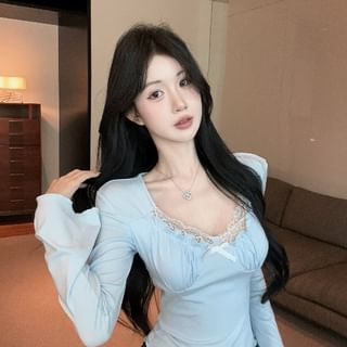 V-Neck Long Sleeve Lace Trim Crop Top