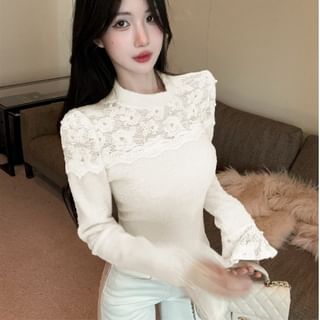 Mock Neck Long Sleeve Beaded Lace Knit Top