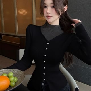 Mock Neck Lace Accent Long-Sleeve Knit Top