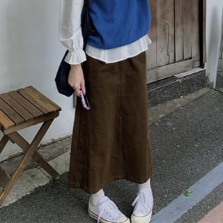 Puff-Sleeve V-Neck Blouse / Sweater Vest / High Waist Maxi Straight Skirt