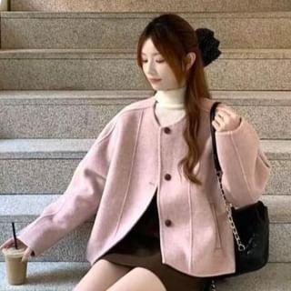 Round Neck Single-Breasted Jacket / High Waist Mini A-Line Skirt