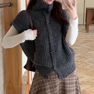 Classic Collar Buttoned Knit Vest & High-Waisted Plaid Asymmetrical Midi Skirt