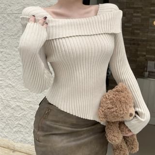 Boat Neck Long Sleeve Ribbed Knit Sweater