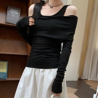 Faux Two-Piece Square Neck Cold Shoulder Long Sleeve Tee