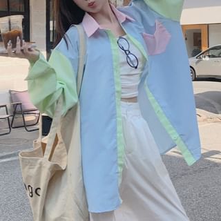 Color Blocked Long Sleeve Oversized Shirt with Pocket