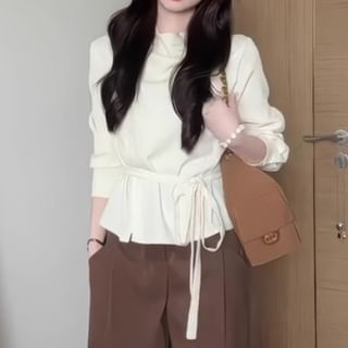 Mock Neck Tie Waist Blouse