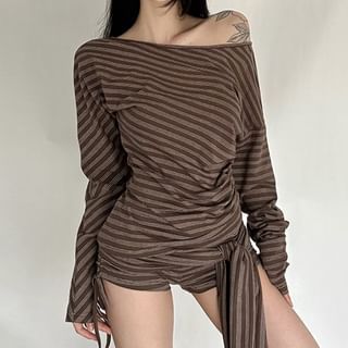 Off-Shoulder Striped Ruched Tee with Drawstring Hot Pants