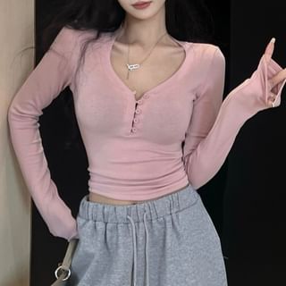 V-Neck Half Button Crop Top