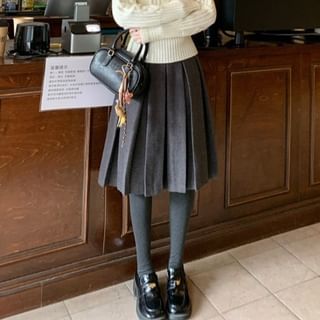 Cable Knit Collared Polo Sweater with Pleated Skirt