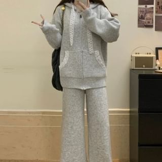 Set: Hood Panel Lace Zip Cardigan + High Rise Plain Knit Wide Leg Pants