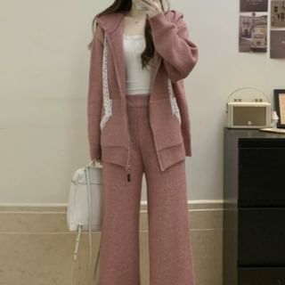 Set: Hood Panel Lace Zip Cardigan + High Rise Plain Knit Wide Leg Pants