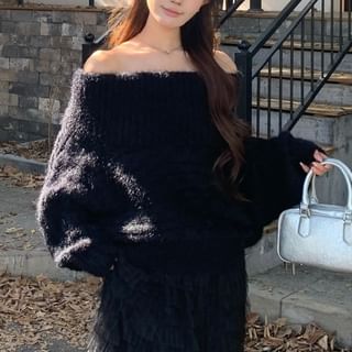 Off Shoulder Cable Knit Sweater with Tiered Mesh Maxi Skirt Set
