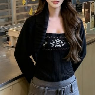 Plain Open Front Crop Cardigan / Jacquard Knit Tube Top