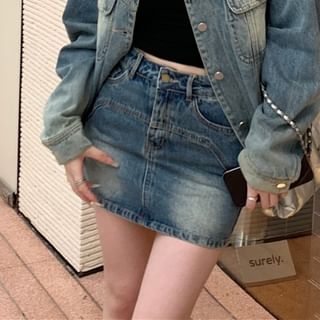 Washed Denim Button-Up Jacket with High-Rise Mini A-Line Skirt
