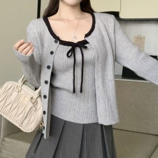 Scoop Neck Contrast Trim Ribbed Knit Camisole Top / Button Up Cardigan