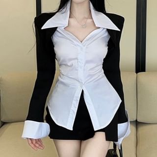 Two-Tone Collared Long-Sleeve Button Shirt