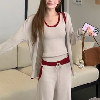 Contrast Trim Button-Up Cardigan / Scoop Neck Ribbed Tank Top / Drawstring Waist Wide Leg Pants / Set