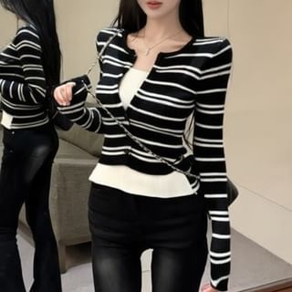 Round Neck Striped Mock Two-Piece Knit Top