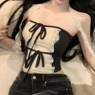 Two-Tone Crop Tube Top with Lace Trim and Scarf Set