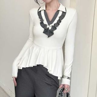 Ruffle Trim Collared Tee with Two-Tone V-Neck