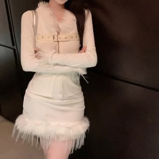 Fluffy Trim Belted Slit Top and Mini Skirt Set