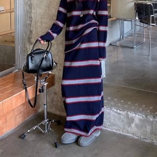 Crew Neck Striped Knit Top & High Waist Maxi Straight Skirt