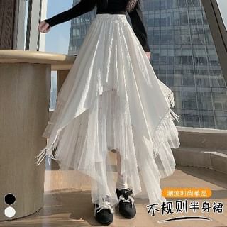 High Waist Asymmetrical Panel Mesh Maxi A-Line Skirt