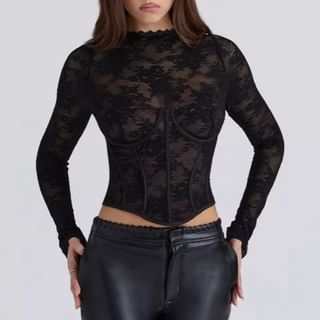 Lace Bustier Round Neck Long-Sleeve Top