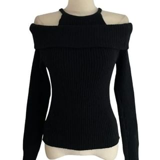 Cold Shoulder Ribbed Knit Long-Sleeve Blouse