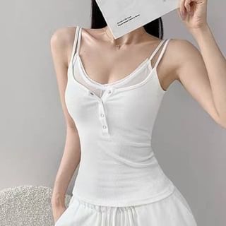 Mock Two Piece Lace Trim Henley Camisole