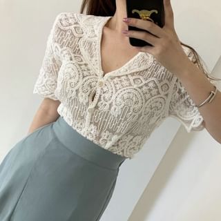 Short Sleeve Button Up Crochet Lace Top