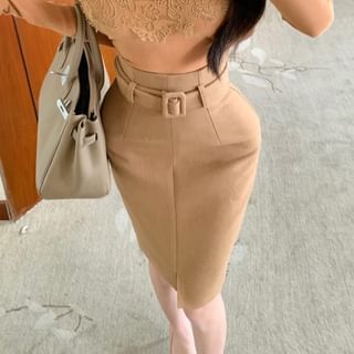Off-Shoulder Lace Trim Top & Belted Pencil Skirt Set