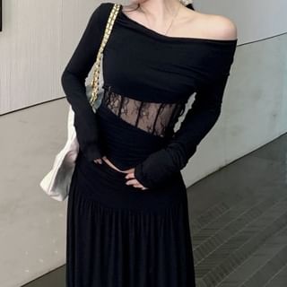 Off-Shoulder Long-Sleeve Top with High-Waisted Maxi A-Line Skirt