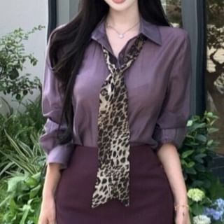 Button-Up Long Sleeve Shirt with High Waist Pencil Skirt & Leopard Scarf Set