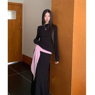 One Shoulder Asymmetric Top with Two Tone Tie-Up Maxi A-Line Skirt