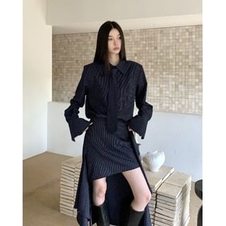 Pinstriped Long Sleeve Shirt with Necktie and Low Rise High-Low Pencil Skirt Set