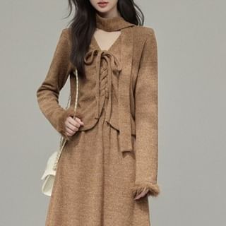 Fluffy Cuff V-Neck Lace-Up Plain Cardigan / High Waist Maxi A-Line Skirt