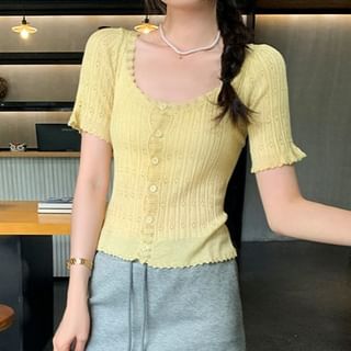Short Sleeve Scoop Neck Button-Up Plain Knit Shirt
