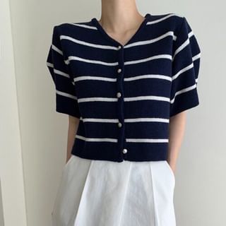Striped Button-Down Knit Crop Top with V-Neckline