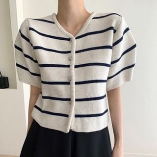 Striped Button-Down Knit Crop Top with V-Neckline