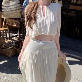 Flared-Sleeve Ruched Cropped Blouse / Low Rise Maxi Skirt - Altfashion Shop