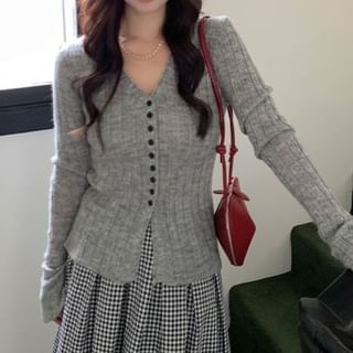 V-Neck Button-Up Plain Slit Cardigan