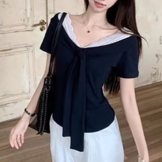 V-Neck Lace-Trim Tie-Front T-Shirt with Short Sleeves