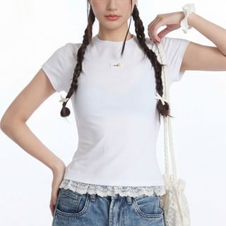 Short-Sleeved Crew Neck Lace Panel Tee
