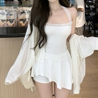 Square Neck Lace-Trim Camisole with Mid Rise Skorts and Cardigan
