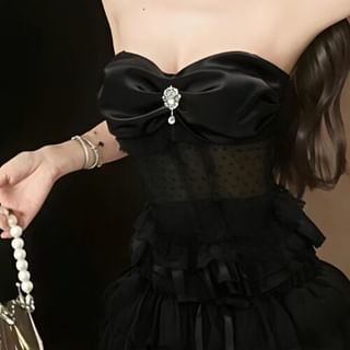 Peplum Mesh Tube Bustier Top with High Waist Tiered Lace Mini Skirt