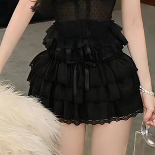 Peplum Mesh Tube Bustier Top with High Waist Tiered Lace Mini Skirt