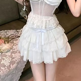Peplum Mesh Tube Bustier Top with High Waist Tiered Lace Mini Skirt
